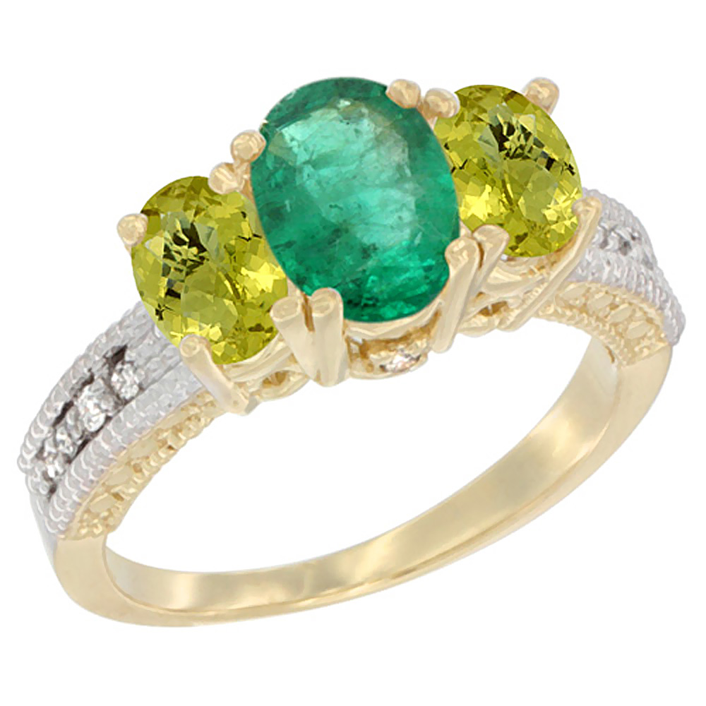 10K Yellow Gold Diamond Natural Emerald Ring Oval 3-stone with Lemon Quartz, sizes 5 - 10