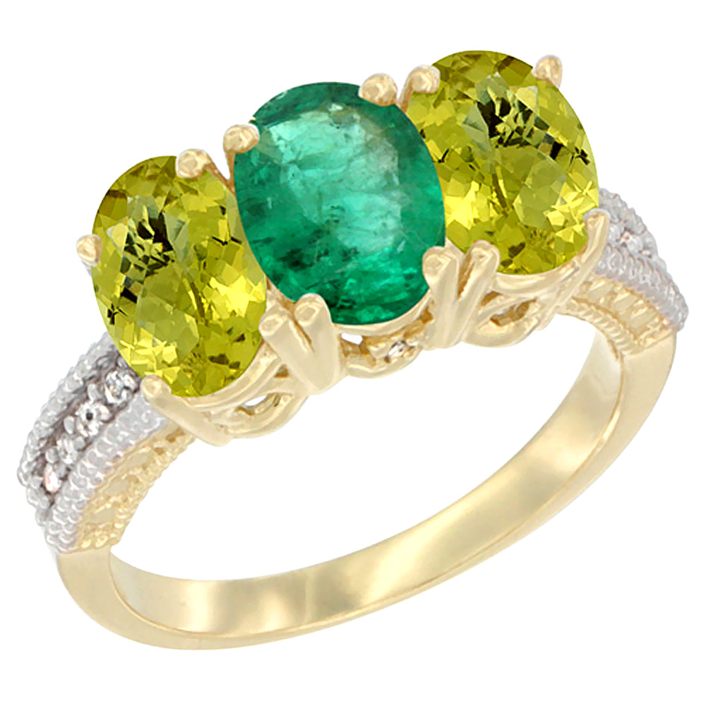 10K Yellow Gold Diamond Natural Emerald &amp; Lemon Quartz Ring 3-Stone 7x5 mm Oval, sizes 5 - 10