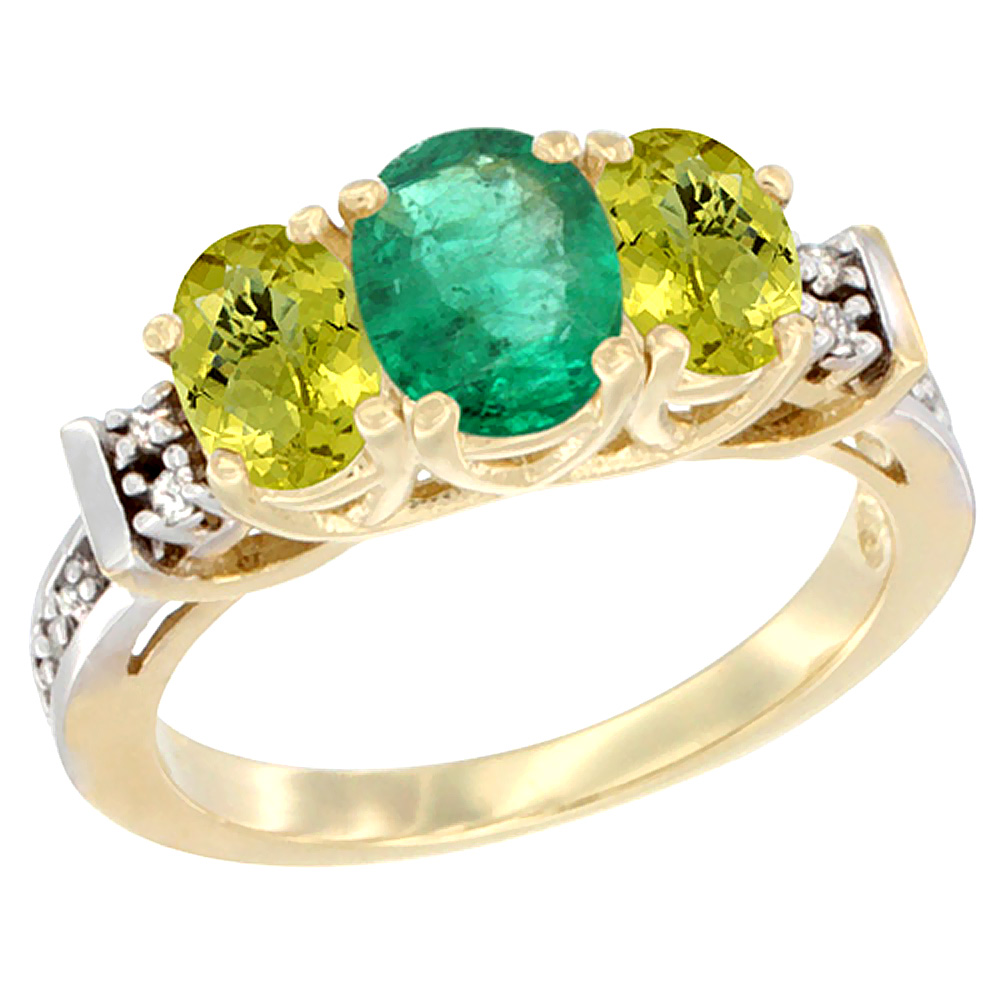 14K Yellow Gold Natural Emerald &amp; Lemon Quartz Ring 3-Stone Oval Diamond Accent