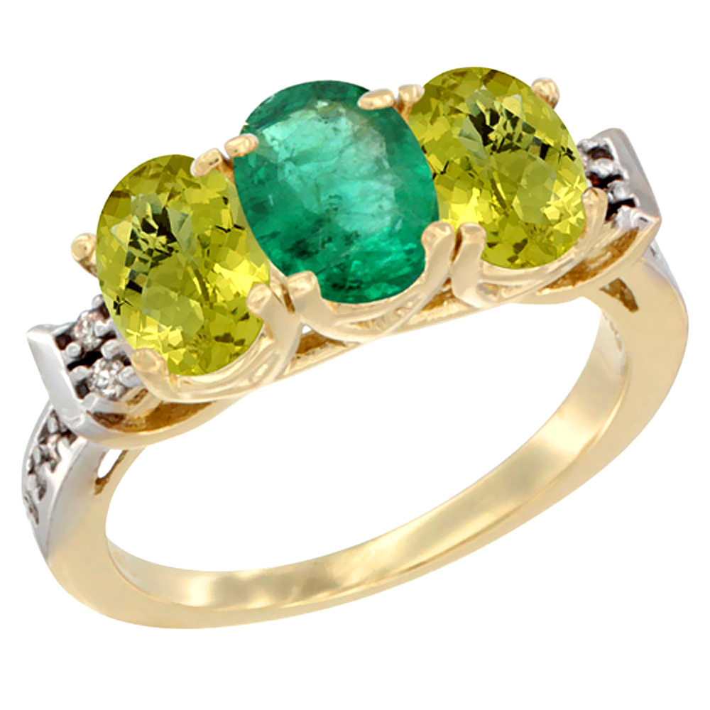 14K Yellow Gold Natural Emerald & Lemon Quartz Ring 3-Stone 7x5 mm Oval Diamond Accent, sizes 5 - 10