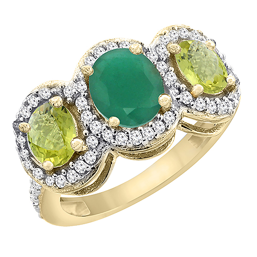 10K Yellow Gold Natural Emerald &amp; Lemon Quartz 3-Stone Ring Oval Diamond Accent, sizes 5 - 10