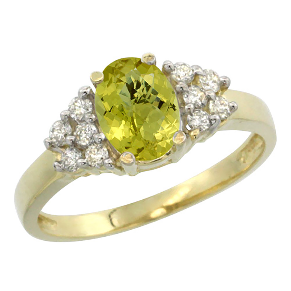 14K Yellow Gold Natural Lemon Quartz Ring Oval 8x6mm Diamond Accent, sizes 5-10