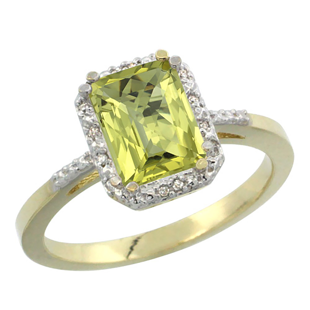 14K Yellow Gold Natural Lemon Quartz Ring Emerald-shape 8x6mm Diamond Accent, sizes 5-10