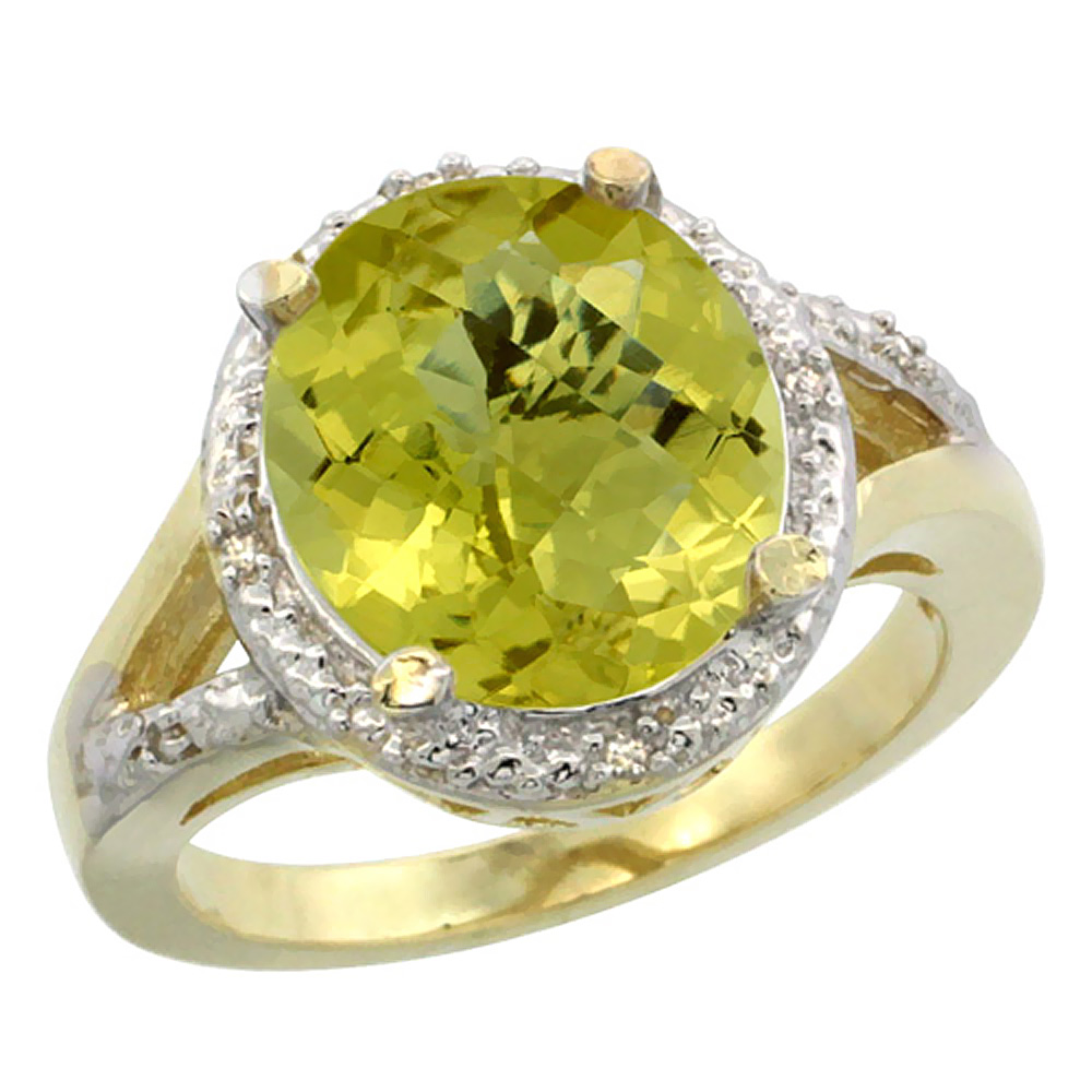 10K Yellow Gold Natural Lemon Quartz Ring Oval 12x10mm Diamond Accent, sizes 5-10