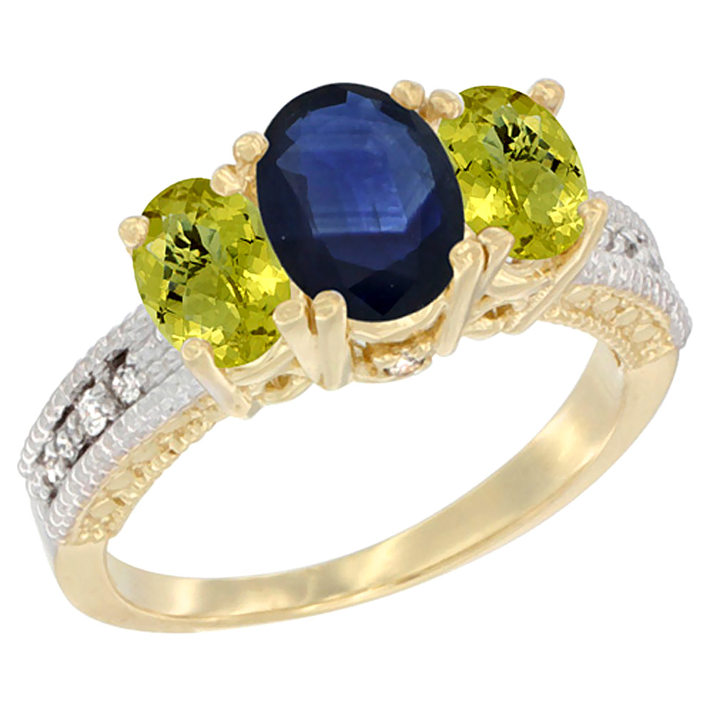 14K Yellow Gold Diamond Natural Blue Sapphire Ring Oval 3-stone with Lemon Quartz, sizes 5 - 10