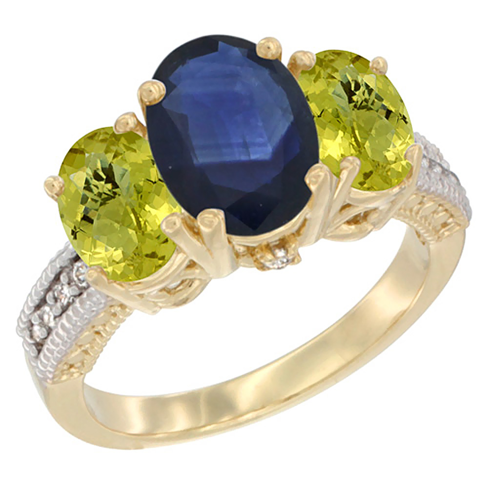 10K Yellow Gold Diamond Natural Blue Sapphire Ring 3-Stone Oval 8x6mm with Lemon Quartz, sizes5-10