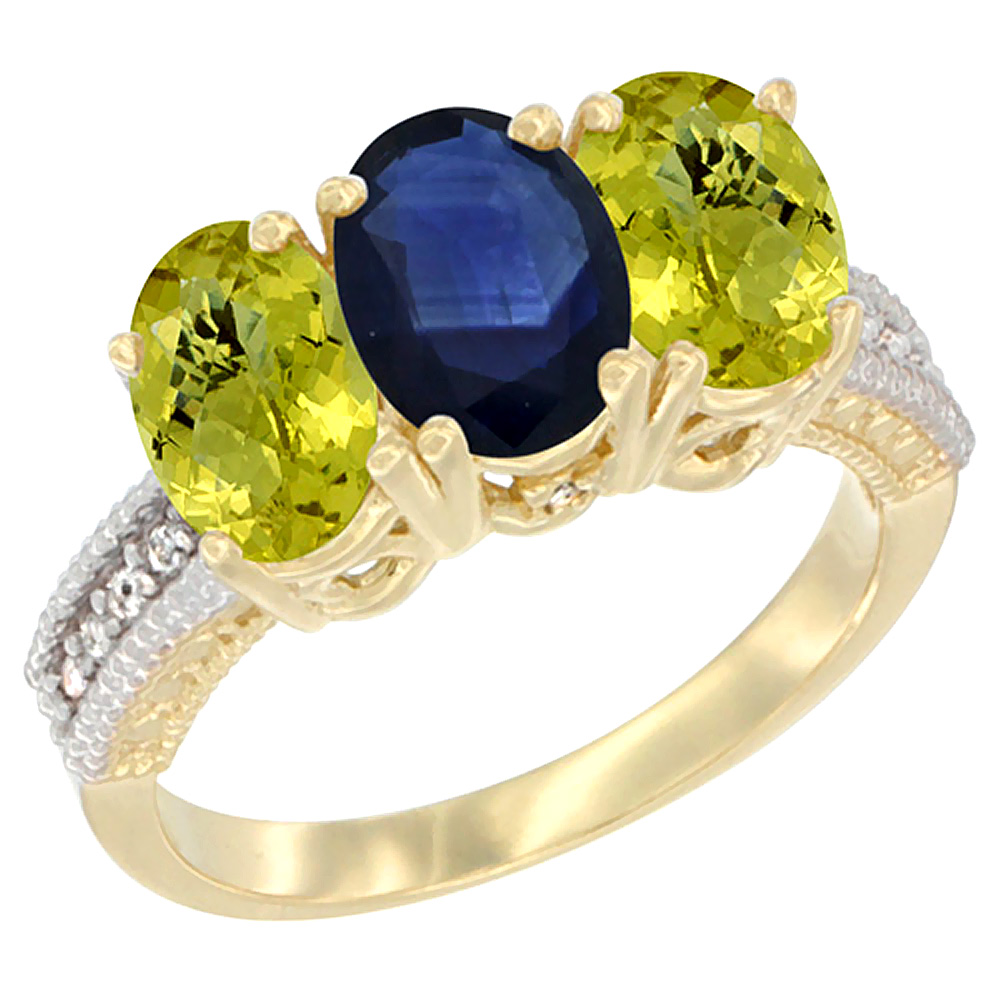 14K Yellow Gold Natural Blue Sapphire Ring with Lemon Quartz 3-Stone 7x5 mm Oval Diamond Accent, sizes 5 - 10