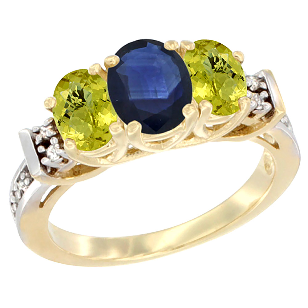 10K Yellow Gold Natural Blue Sapphire & Lemon Quartz Ring 3-Stone Oval Diamond Accent
