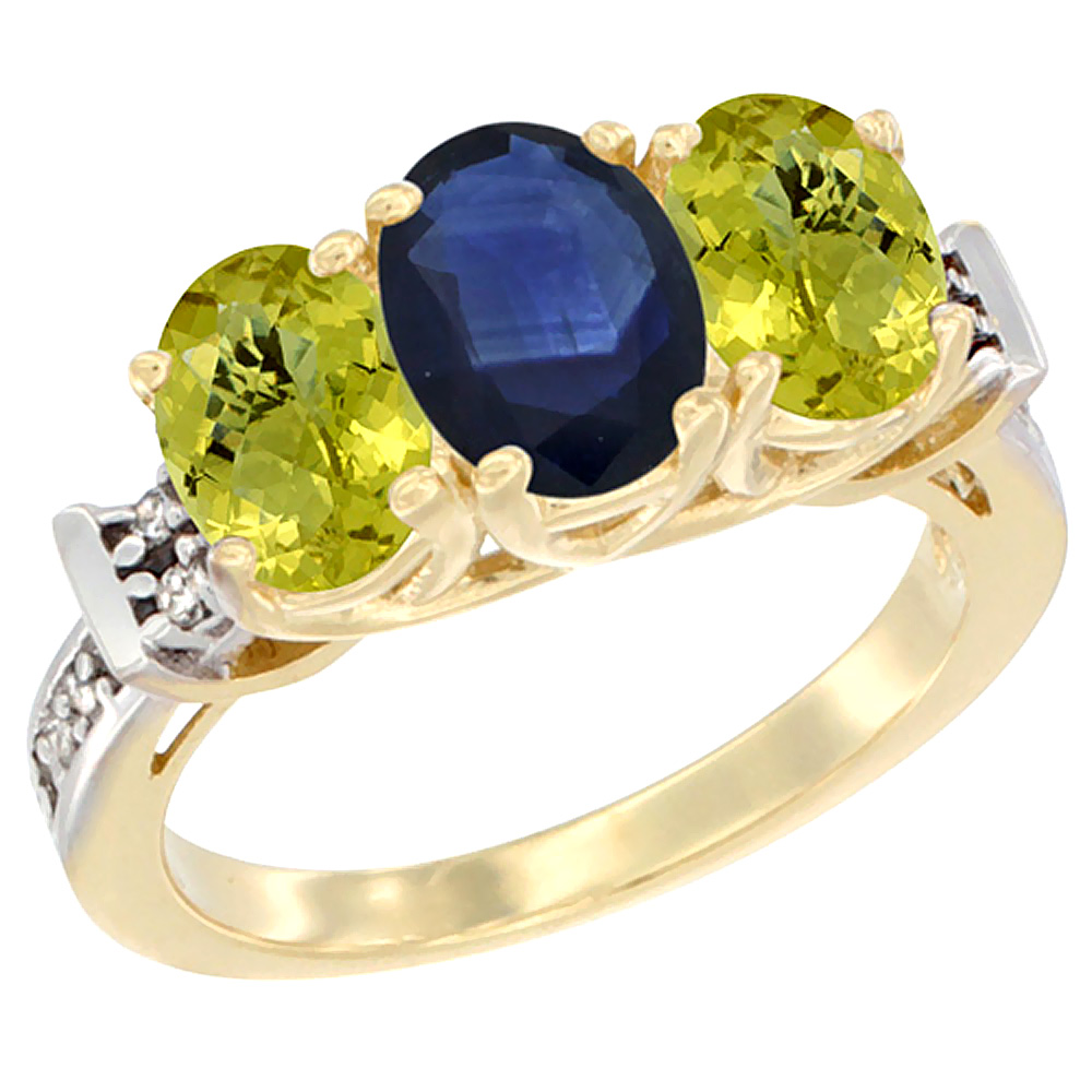 14K Yellow Gold Natural Blue Sapphire & Lemon Quartz Sides Ring 3-Stone Oval Diamond Accent, sizes 5 - 10