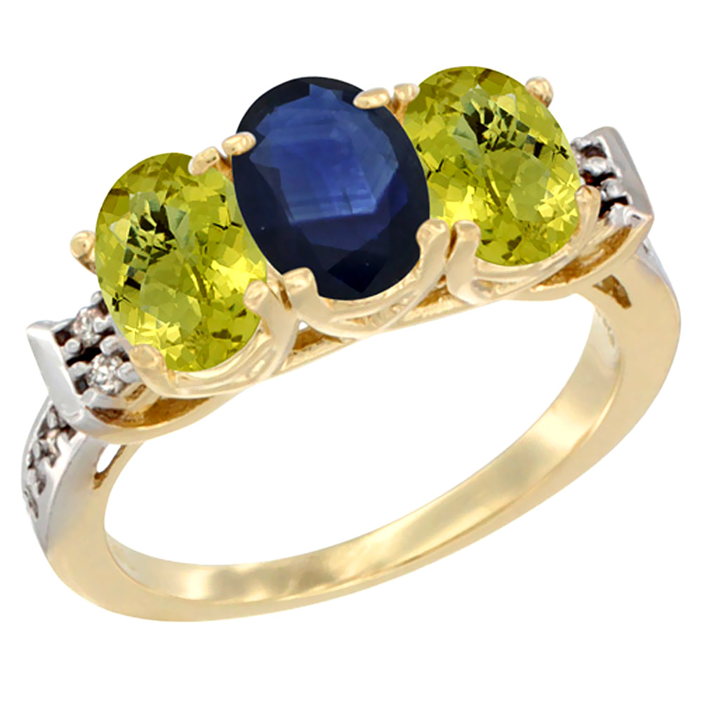 10K Yellow Gold Natural Blue Sapphire & Lemon Quartz Sides Ring 3-Stone Oval 7x5 mm Diamond Accent, sizes 5 - 10