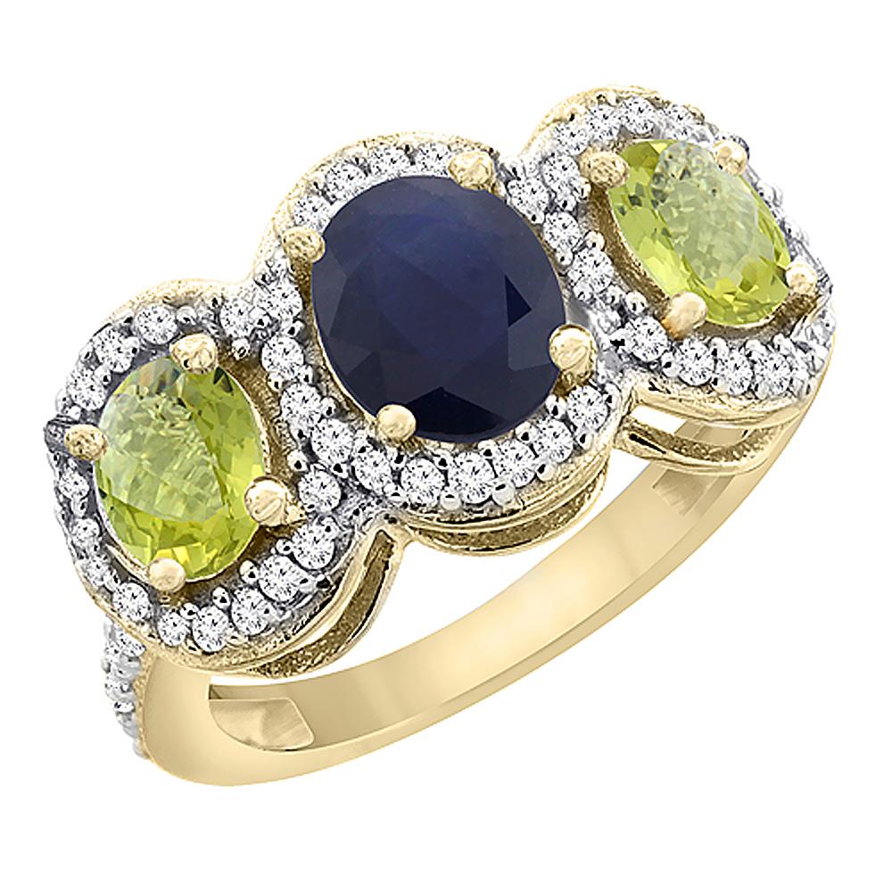 14K Yellow Gold Natural Blue Sapphire & Lemon Quartz 3-Stone Ring Oval Diamond Accent, sizes 5 - 10
