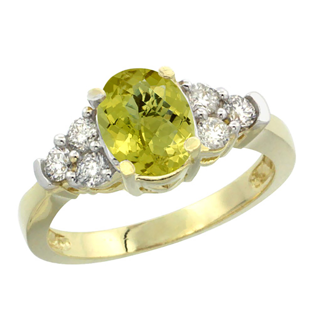 14K Yellow Gold Natural Lemon Quartz Ring Oval 9x7mm Diamond Accent, sizes 5-10