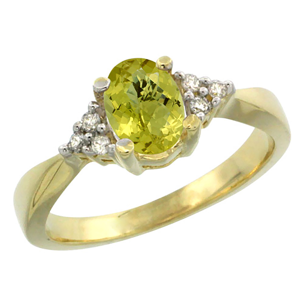 10K Yellow Gold Diamond Natural Lemon Quartz Engagement Ring Oval 7x5mm, sizes 5-10