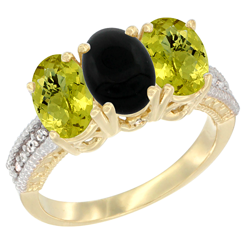 10K Yellow Gold Diamond Natural Black Onyx &amp; Lemon Quartz Ring 3-Stone 7x5 mm Oval, sizes 5 - 10