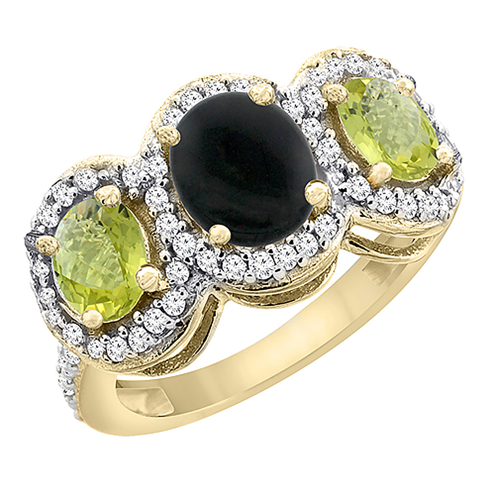 14K Yellow Gold Natural Black Onyx & Lemon Quartz 3-Stone Ring Oval Diamond Accent, sizes 5 - 10