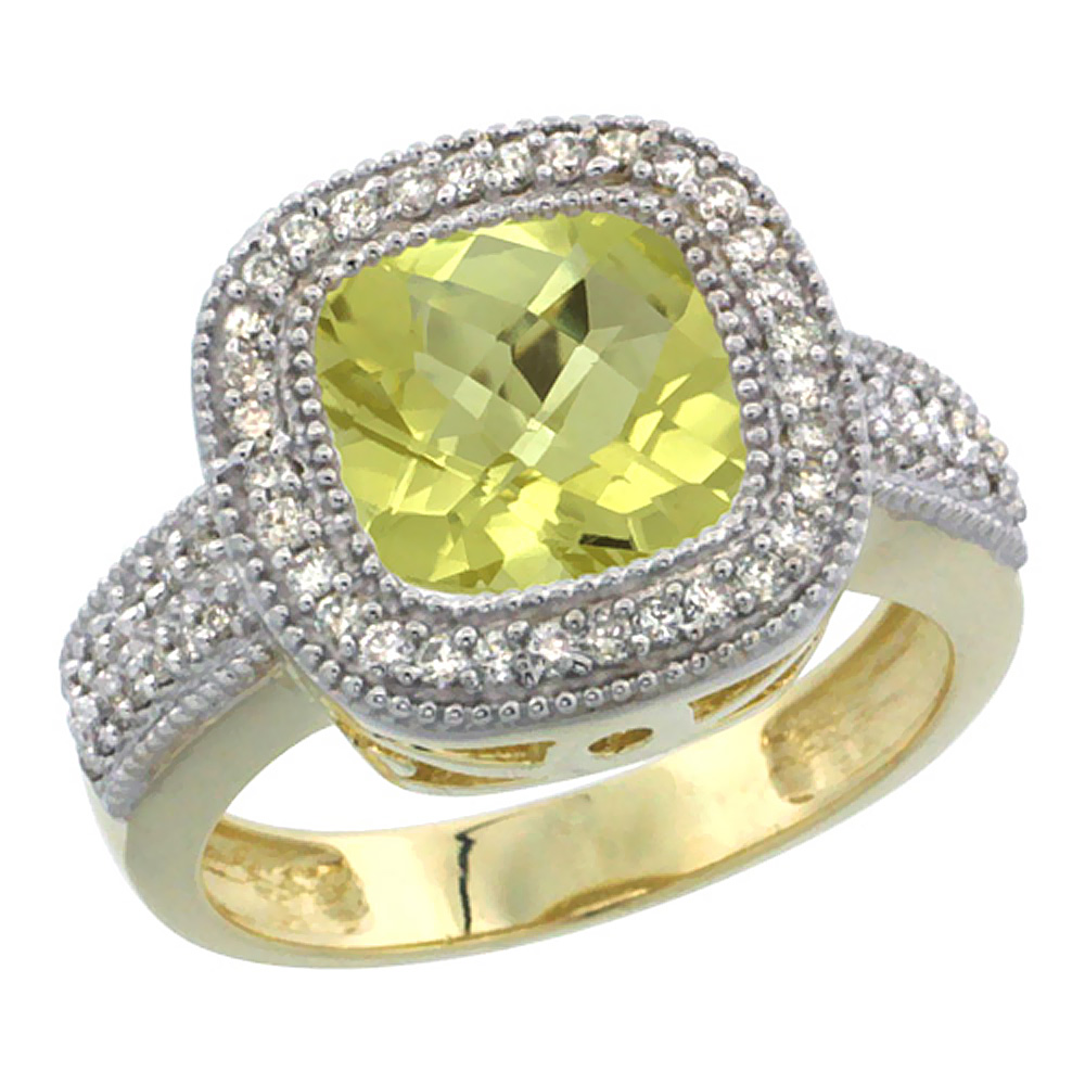 14K Yellow Gold Natural Lemon Quartz Ring Diamond Accent, Cushion-cut 9x9mm Diamond Accent, sizes 5-10
