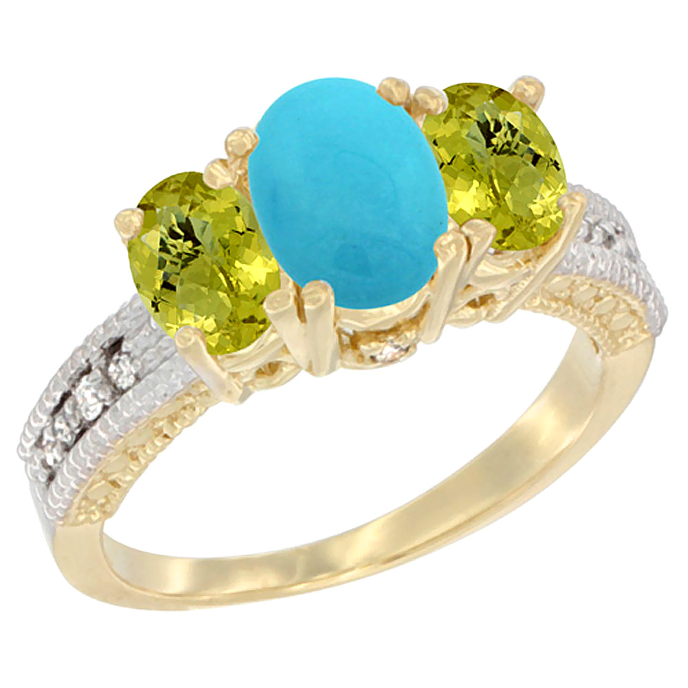 14K Yellow Gold Diamond Natural Turquoise Ring Oval 3-stone with Lemon Quartz, sizes 5 - 10