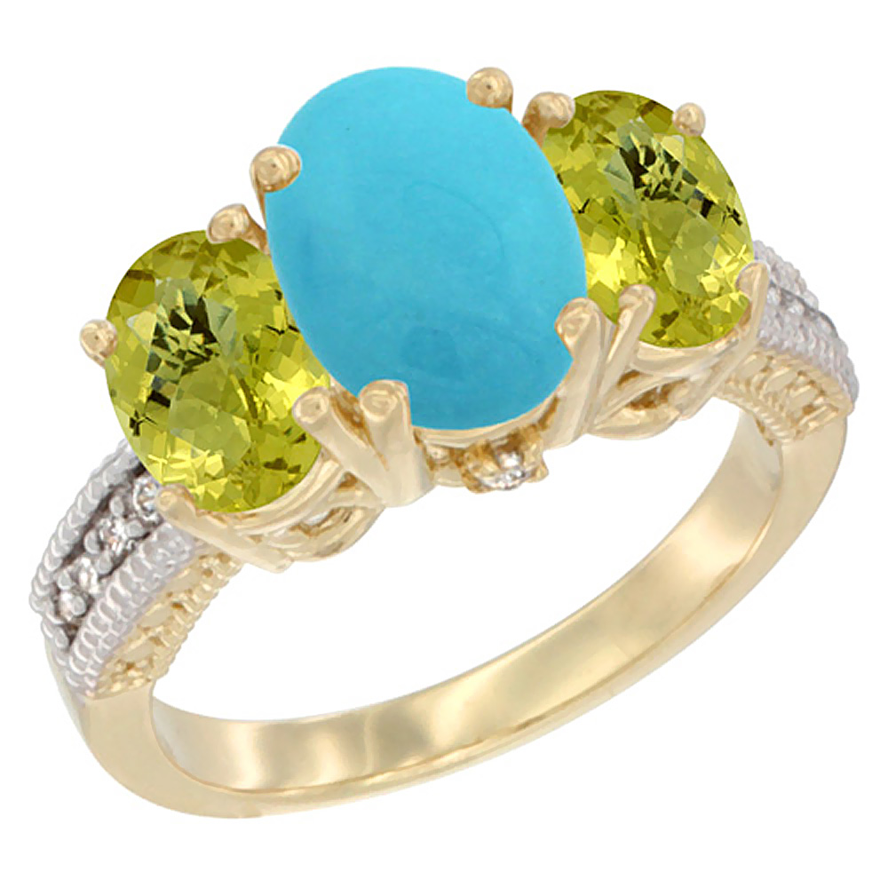 10K Yellow Gold Diamond Natural Turquoise Ring 3-Stone Oval 8x6mm with Lemon Quartz, sizes5-10