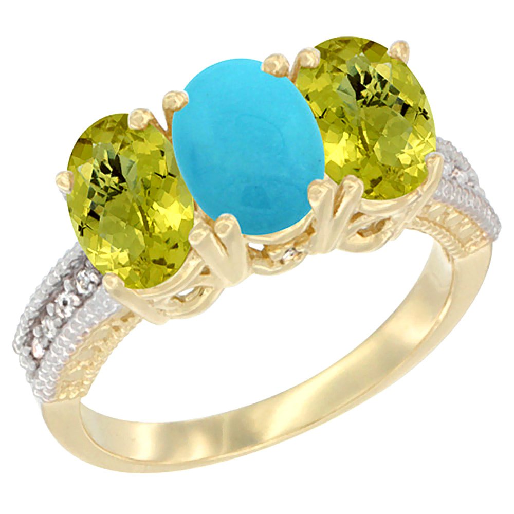 10K Yellow Gold Diamond Natural Turquoise &amp; Lemon Quartz Ring 3-Stone 7x5 mm Oval, sizes 5 - 10