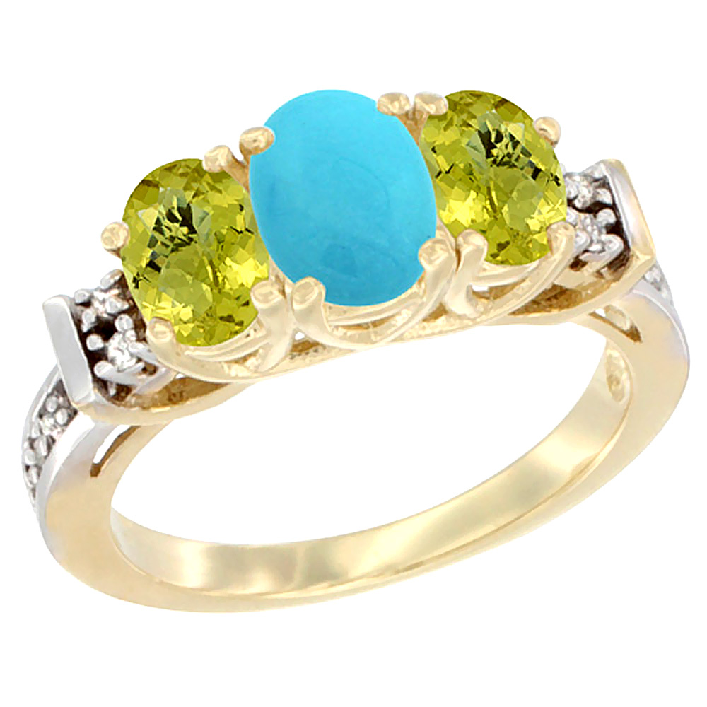 10K Yellow Gold Natural Turquoise &amp; Lemon Quartz Ring 3-Stone Oval Diamond Accent