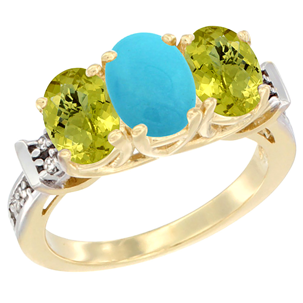 14K Yellow Gold Natural Turquoise &amp; Lemon Quartz Sides Ring 3-Stone Oval Diamond Accent, sizes 5 - 10
