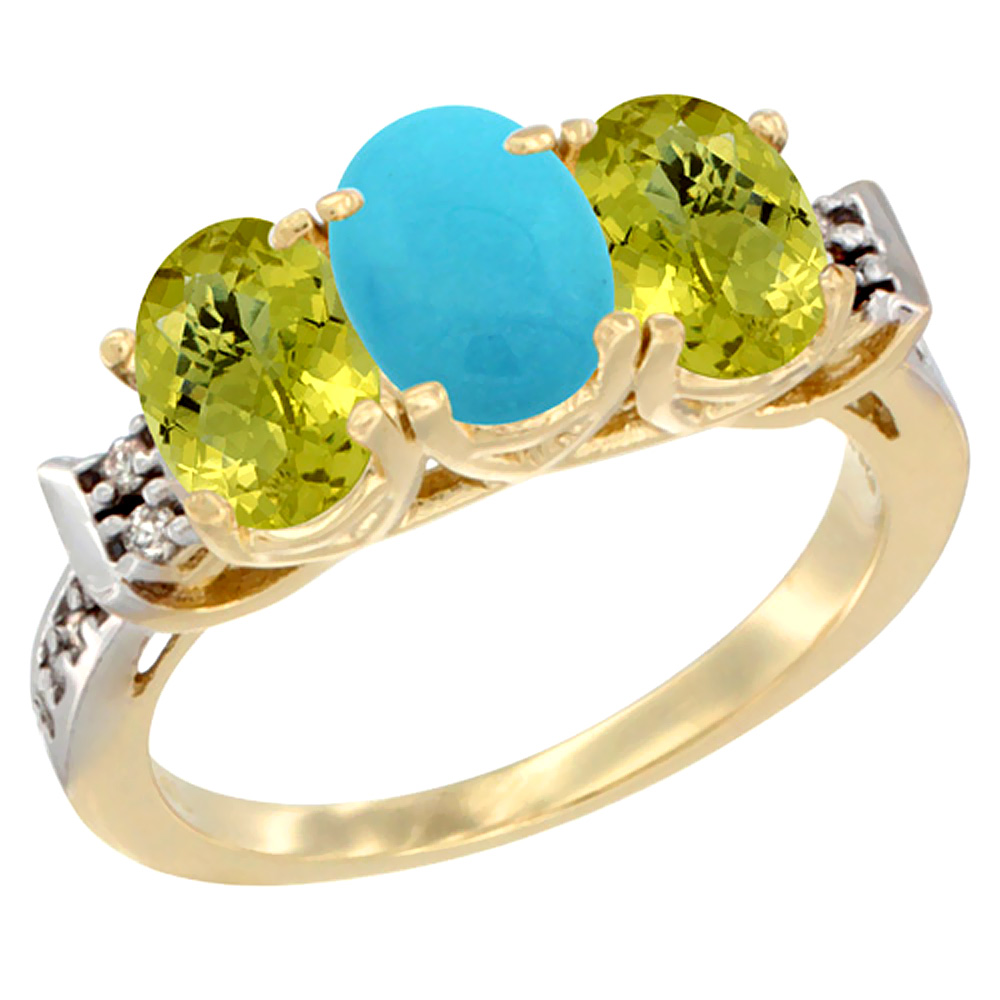 10K Yellow Gold Natural Turquoise & Lemon Quartz Sides Ring 3-Stone Oval 7x5 mm Diamond Accent, sizes 5 - 10