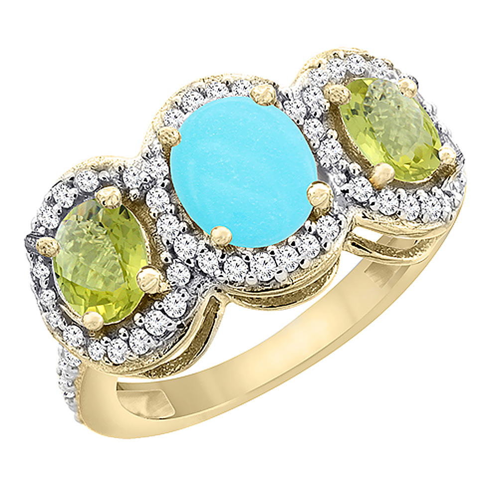 14K Yellow Gold Natural Turquoise & Lemon Quartz 3-Stone Ring Oval Diamond Accent, sizes 5 - 10