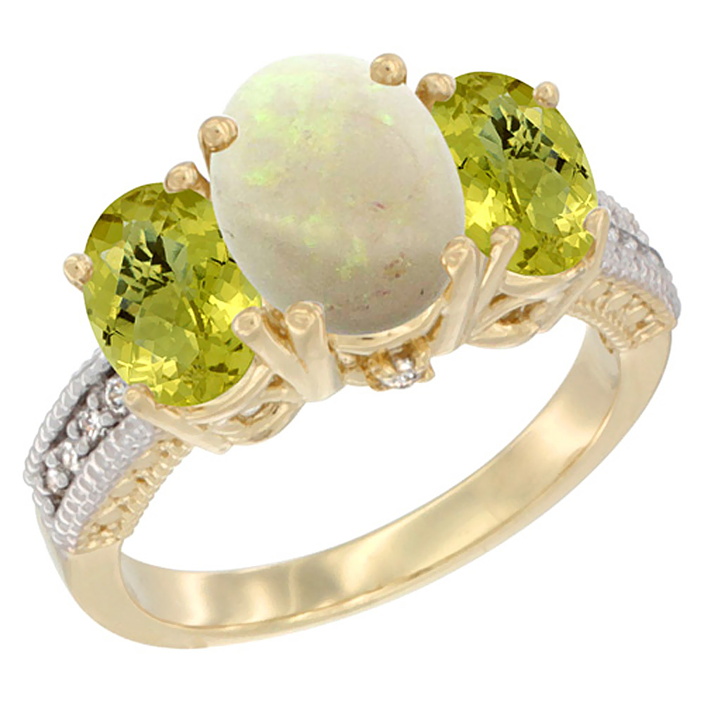 14K Yellow Gold Diamond Natural Opal Ring 3-Stone Oval 8x6mm with Lemon Quartz, sizes5-10