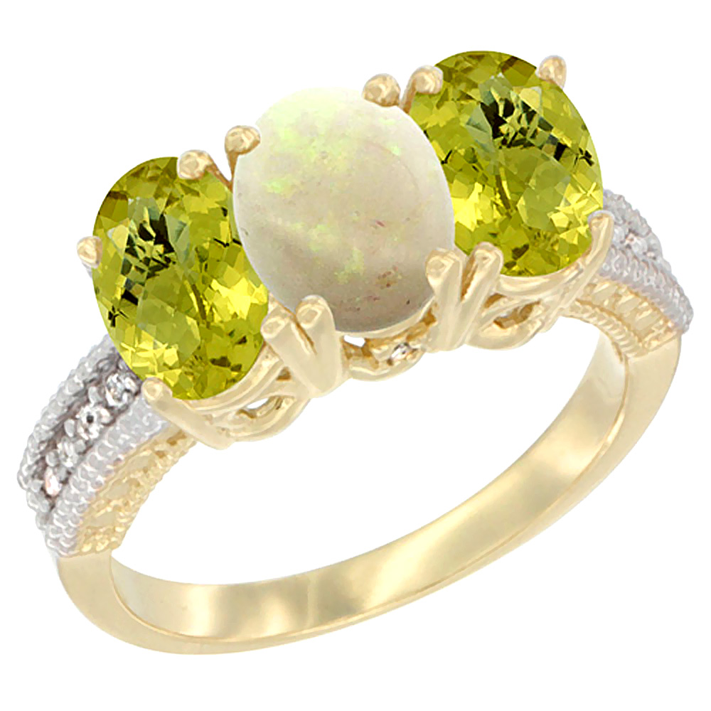 10K Yellow Gold Diamond Natural Opal &amp; Lemon Quartz Ring 3-Stone 7x5 mm Oval, sizes 5 - 10