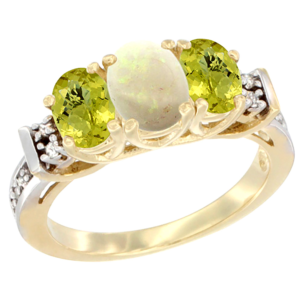10K Yellow Gold Natural Opal & Lemon Quartz Ring 3-Stone Oval Diamond Accent