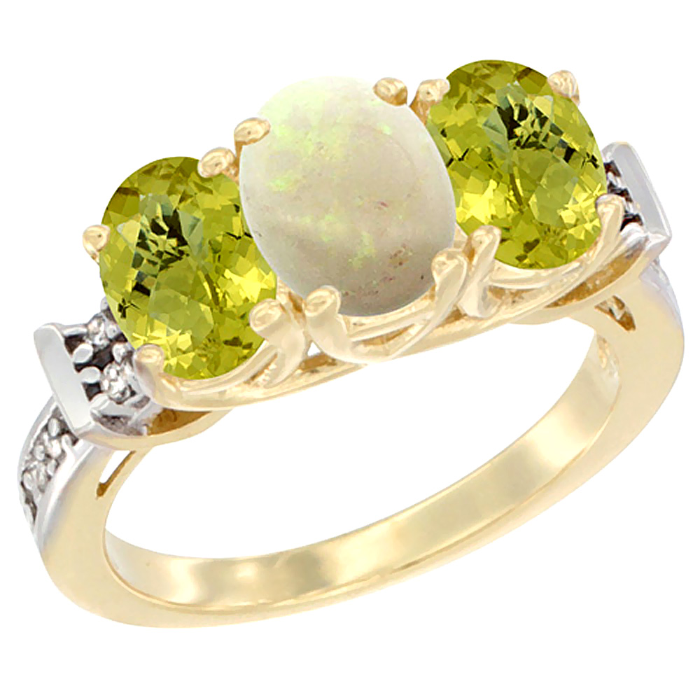 14K Yellow Gold Natural Opal &amp; Lemon Quartz Sides Ring 3-Stone Oval Diamond Accent, sizes 5 - 10