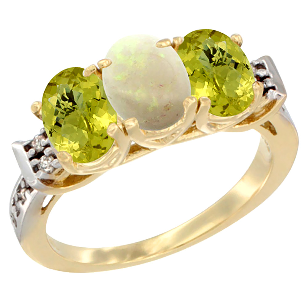 10K Yellow Gold Natural Opal & Lemon Quartz Sides Ring 3-Stone Oval 7x5 mm Diamond Accent, sizes 5 - 10