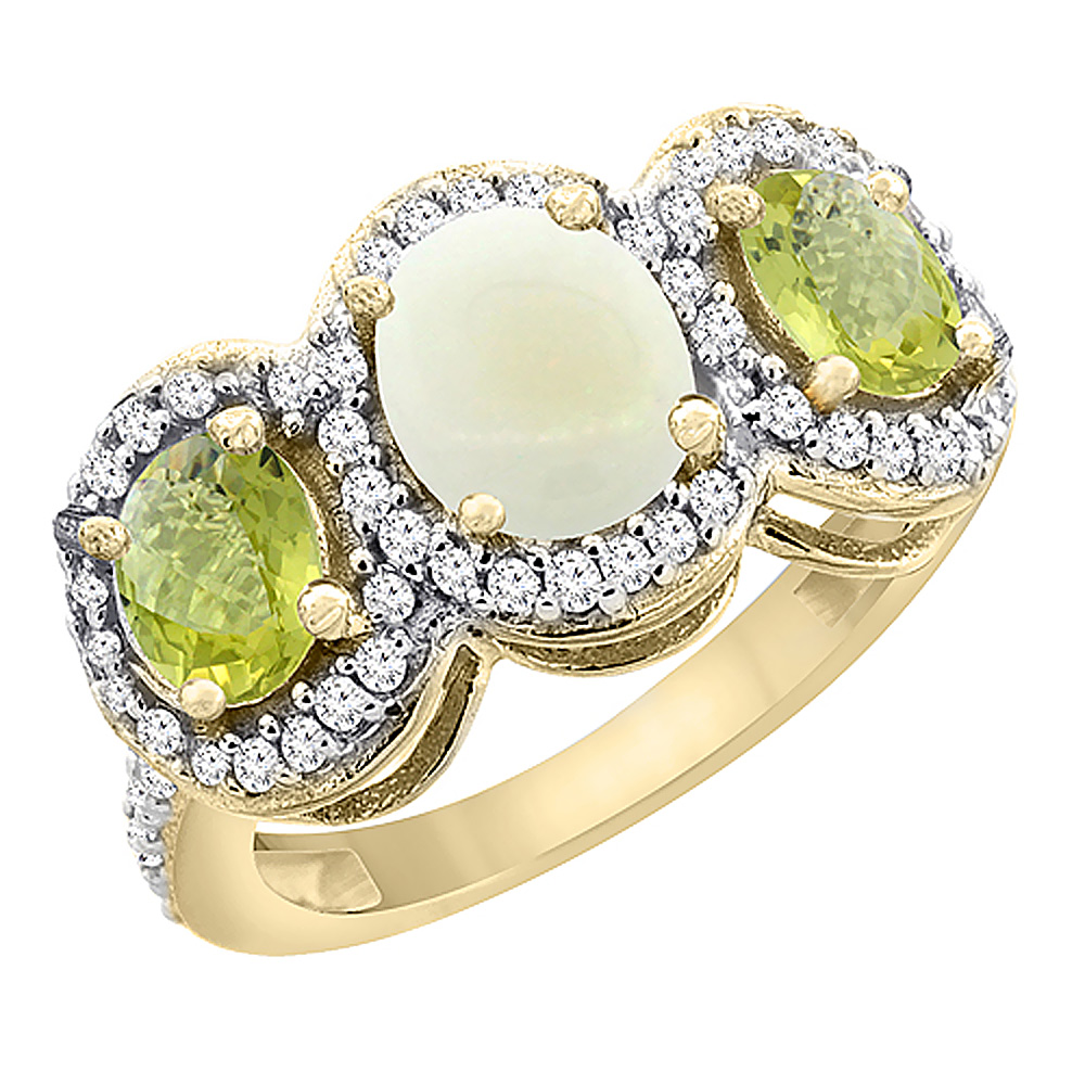 14K Yellow Gold Natural Opal & Lemon Quartz 3-Stone Ring Oval Diamond Accent, sizes 5 - 10