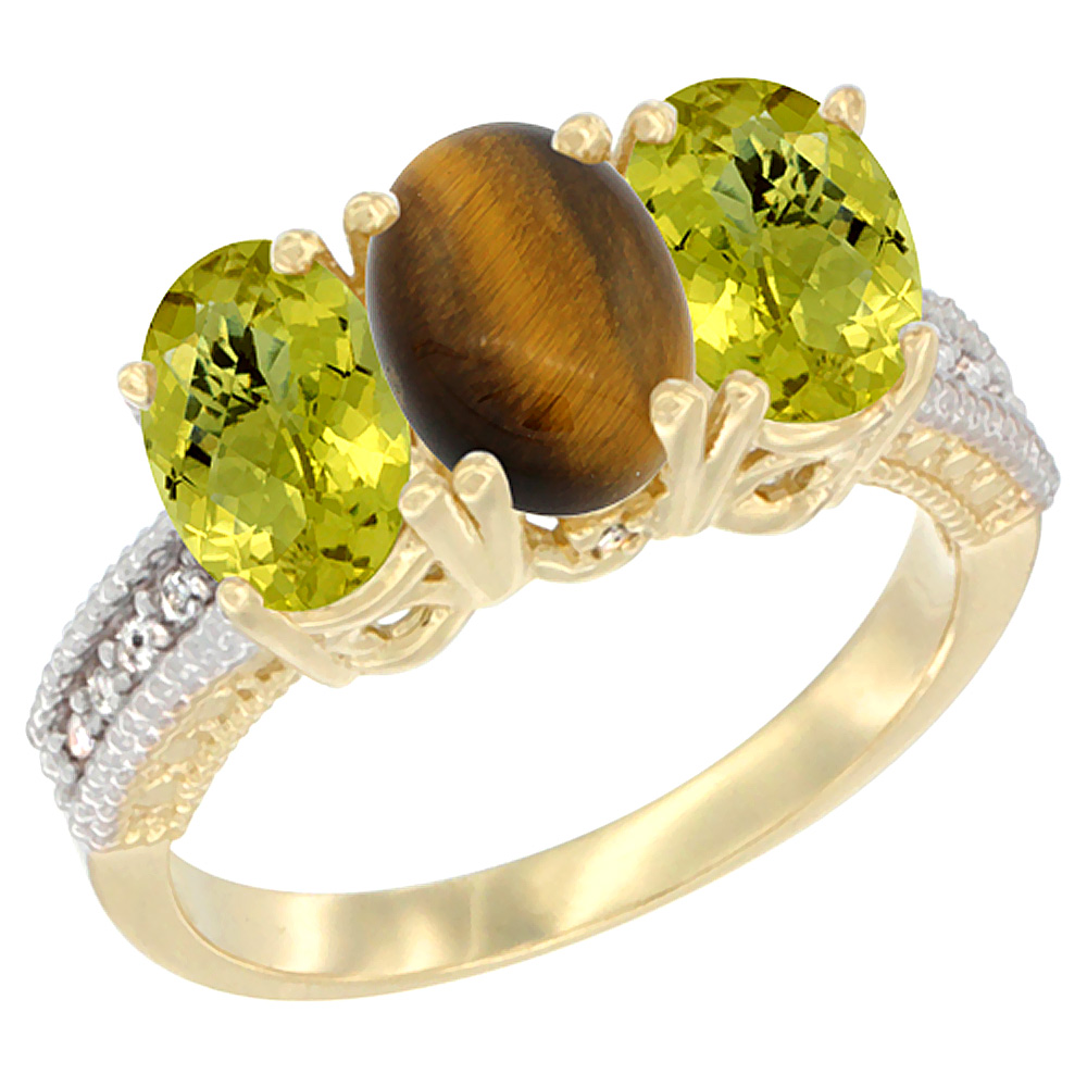 14K Yellow Gold Natural Tiger Eye Ring with Lemon Quartz 3-Stone 7x5 mm Oval Diamond Accent, sizes 5 - 10