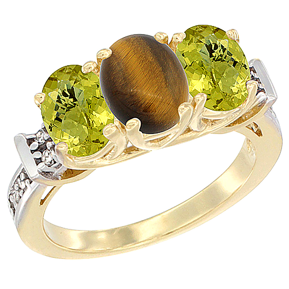 14K Yellow Gold Natural Tiger Eye &amp; Lemon Quartz Sides Ring 3-Stone Oval Diamond Accent, sizes 5 - 10