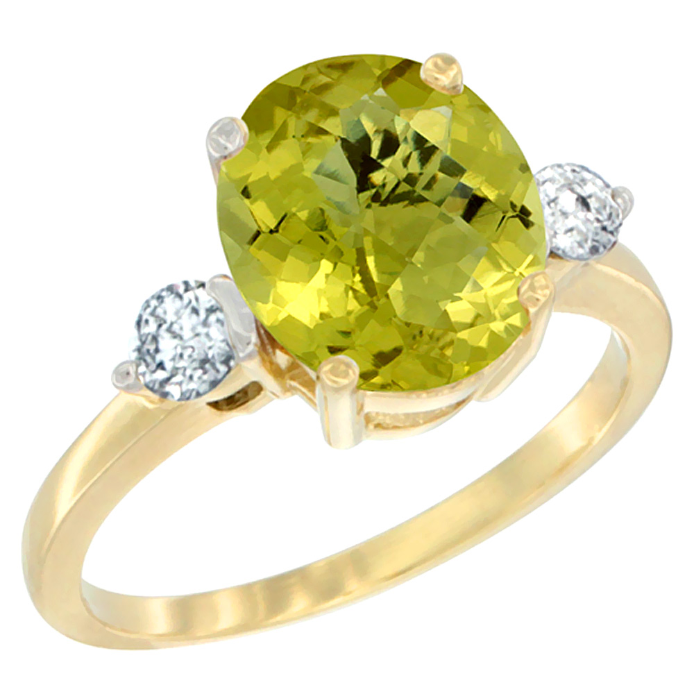 14K Yellow Gold 10x8mm Oval Natural Lemon Quartz Ring for Women Diamond Side-stones sizes 5 - 10