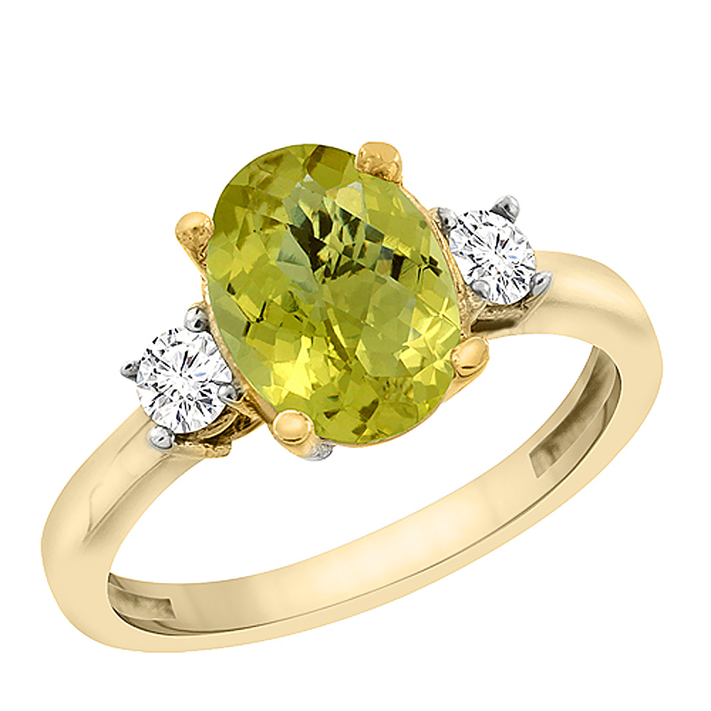 10K Yellow Gold Natural Lemon Quartz Engagement Ring Oval 10x8 mm Diamond Sides, sizes 5 - 10
