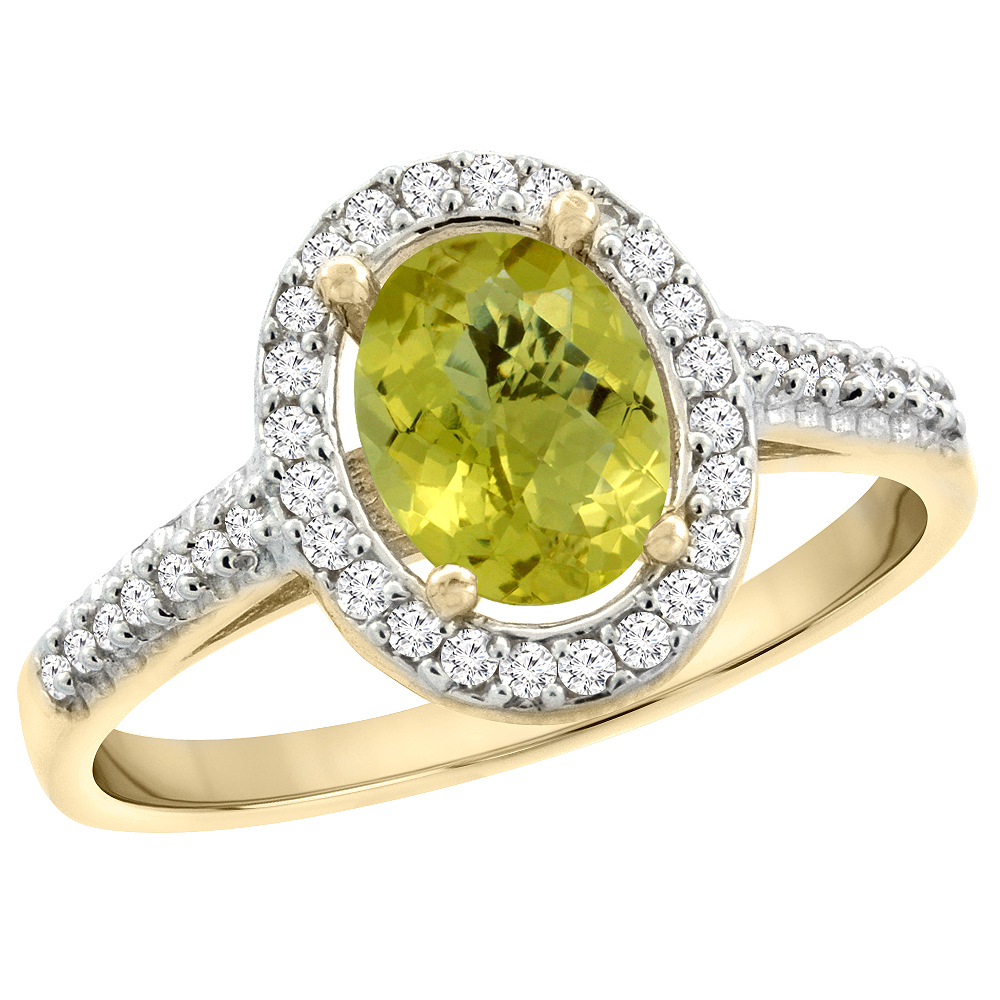 14K Yellow Gold Natural Lemon Quartz Engagement Ring Oval 7x5 mm Diamond Halo, sizes 5 - 10