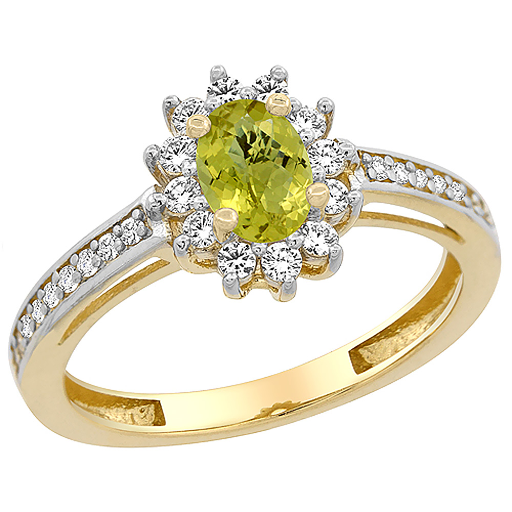 14K Yellow Gold Natural Lemon Quartz Flower Halo Ring Oval 6x4mm Diamond Accents, sizes 5 - 10