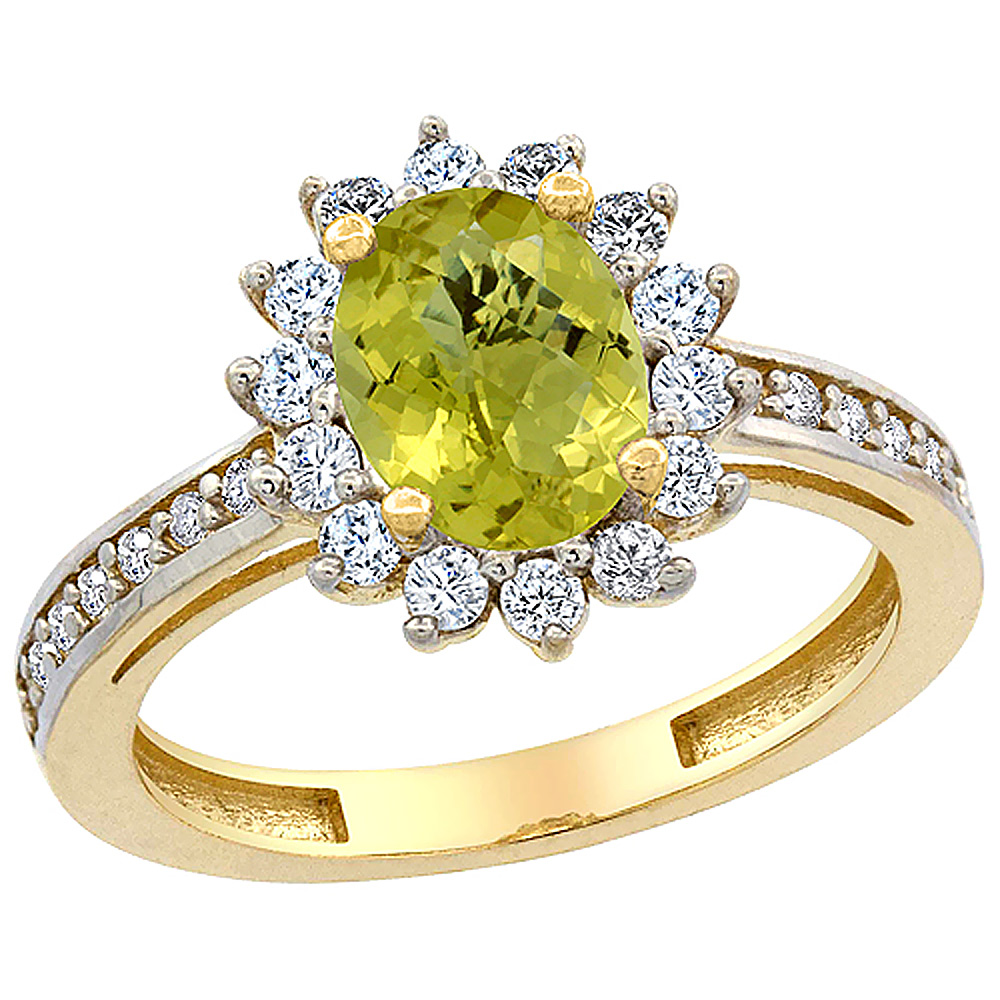 10K Yellow Gold Natural Lemon Quartz Floral Halo Ring Oval 8x6mm Diamond Accents, sizes 5 - 10