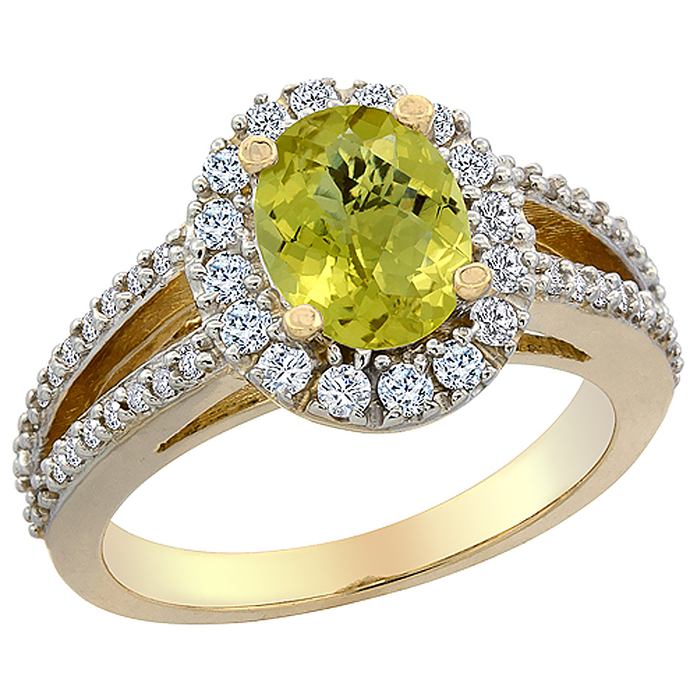 10K Yellow Gold Natural Lemon Quartz Halo Ring Oval 8x6 mm with Diamond Accents, sizes 5 - 10