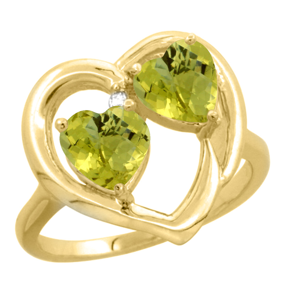 14K Yellow Gold Diamond Two-stone Heart Ring 6mm Natural Lemon Quartz, sizes 5-10