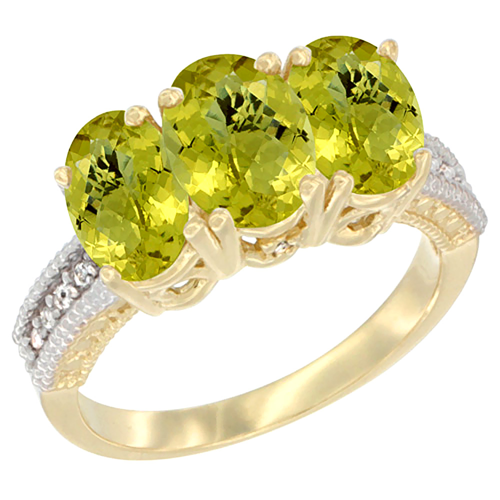 10K Yellow Gold Diamond Natural Lemon Quartz Ring 3-Stone 7x5 mm Oval, sizes 5 - 10