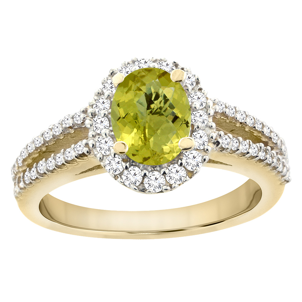 10K Yellow Gold Natural Lemon Quartz Split Shank Halo Engagement Ring Oval 7x5 mm, sizes 5 - 10