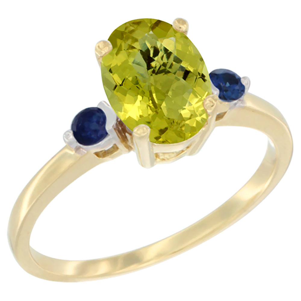 14K Yellow Gold Natural Lemon Quartz Ring Oval 9x7 mm Blue Sapphire Accent, sizes 5 to 10