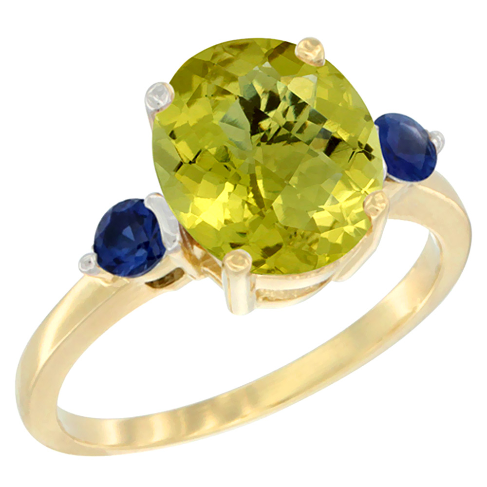 14K Yellow Gold 10x8mm Oval Natural Lemon Quartz Ring for Women Blue Sapphire Side-stones sizes 5 - 10