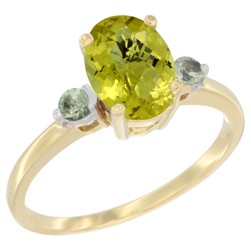 14K Yellow Gold Natural Lemon Quartz Ring Oval 9x7 mm Green Sapphire Accent, sizes 5 to 10