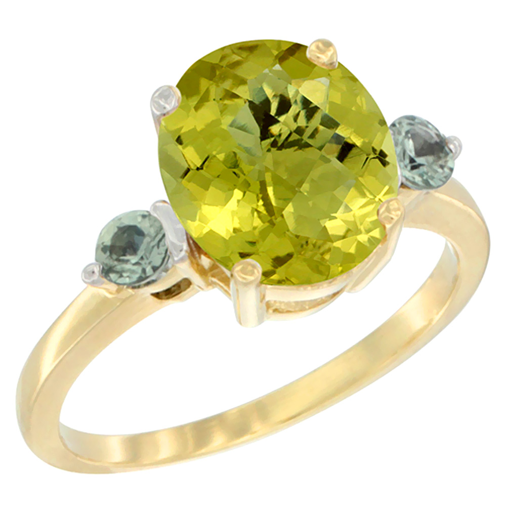 10K Yellow Gold 10x8mm Oval Natural Lemon Quartz Ring for Women Green Sapphire Side-stones sizes 5 - 10
