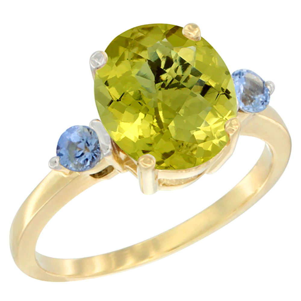10K Yellow Gold 10x8mm Oval Natural Lemon Quartz Ring for Women Light Blue Sapphire Side-stones sizes 5 - 10