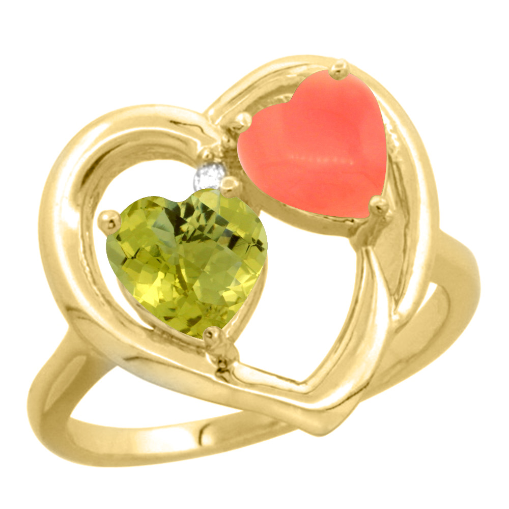 14K Yellow Gold Diamond Two-stone Heart Ring 6mm Natural Lemon Quartz &amp; Coral, sizes 5-10